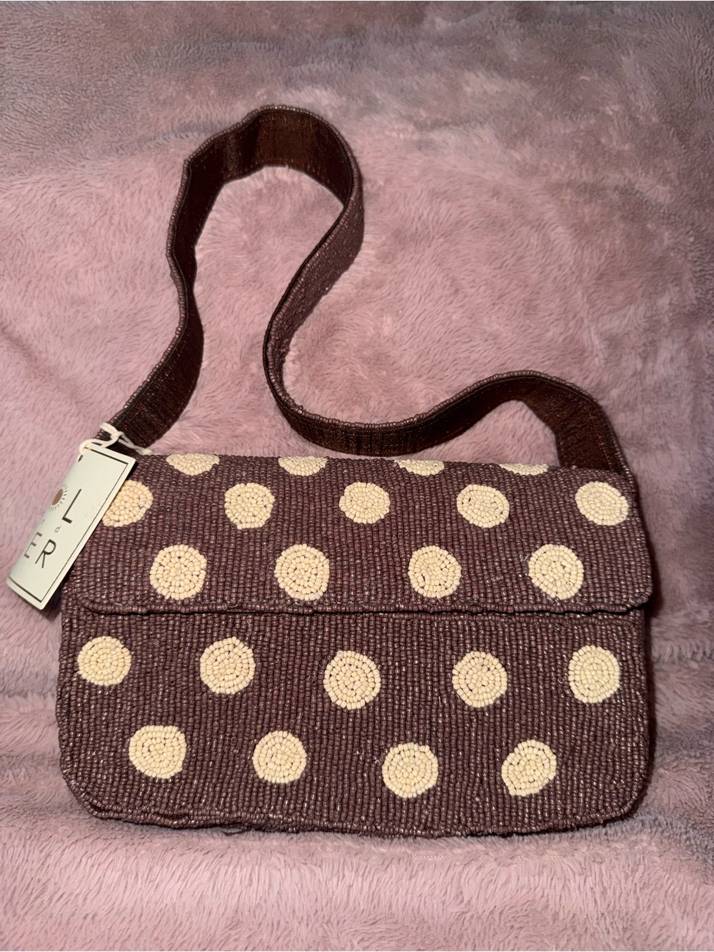 💼 Viral NWT Polka Dot Beaded Crossbody Bag - Brown & Cream